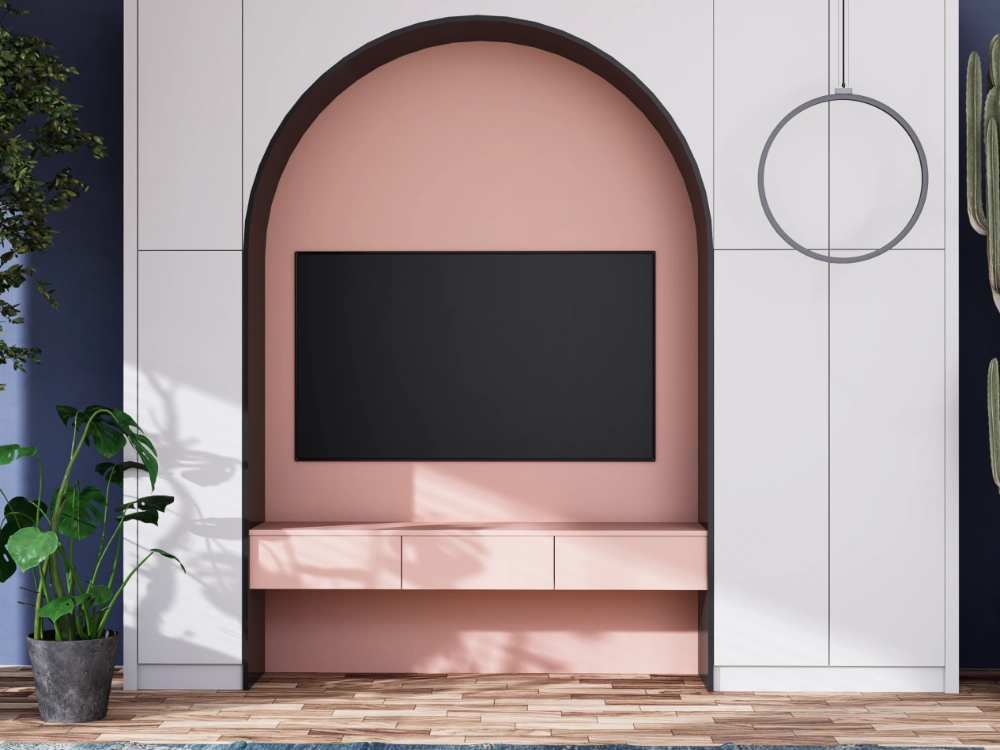Modern built in TV feature wall with arched design and custom cabinetry
