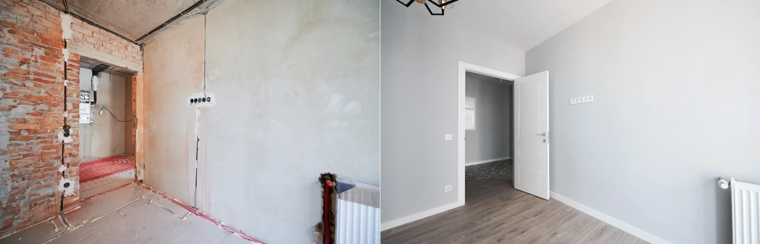 Before and after residential refurbishment showing complete interior renovation transformation