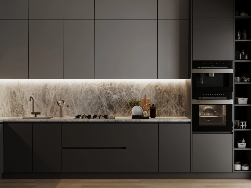 Modern bespoke kitchen with dark fitted cabinets and integrated appliances