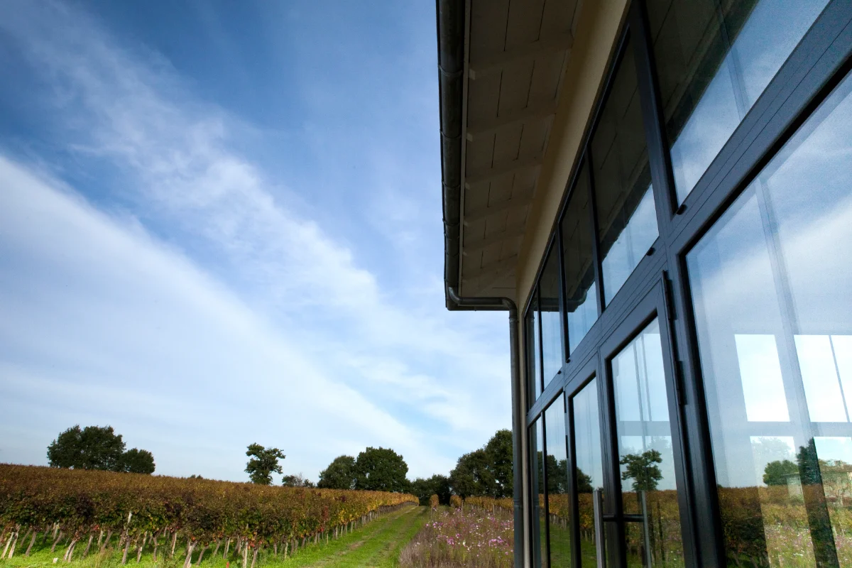 Modern home extension with large glass windows overlooking countryside views