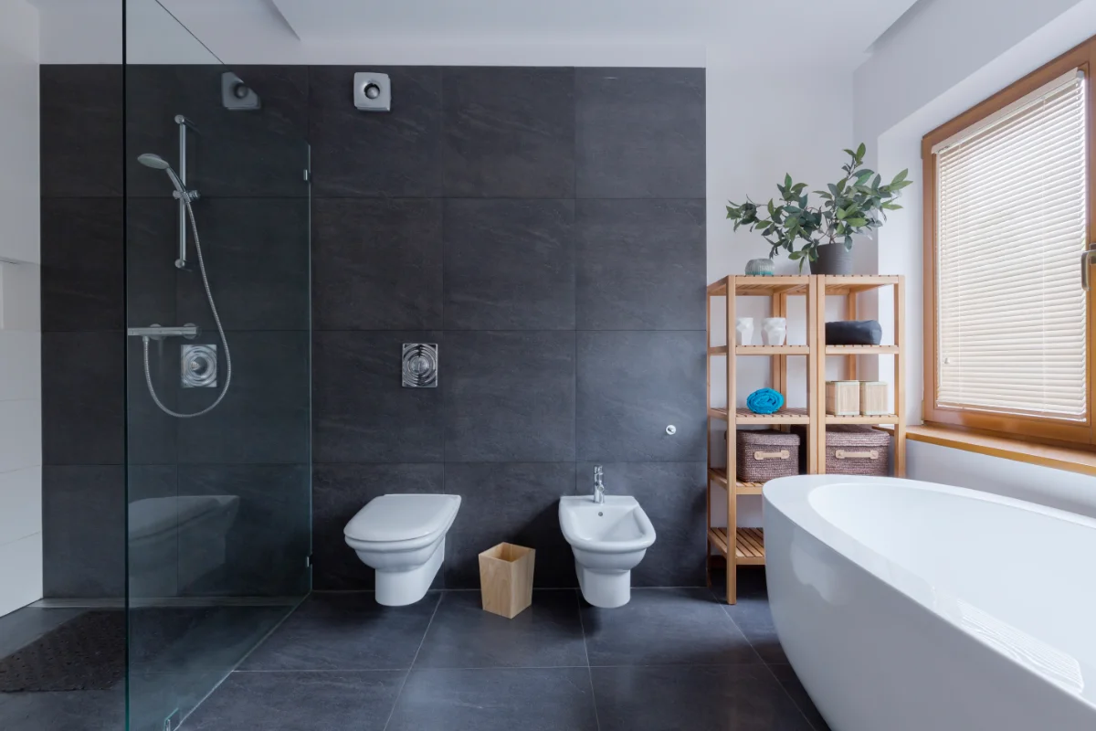 Modern bathroom renovation with walk in shower, freestanding bath and contemporary fittings